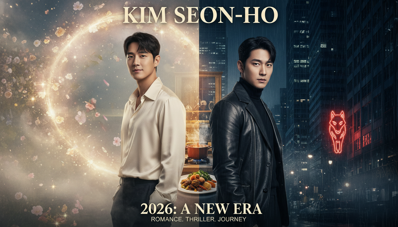 2026년 김선호의 다양한 차기작 드라마를 상징하는 이미지: 로맨틱 판타지, 느와르 스릴러, 휴먼 드라마의 요소가 김선호 배우의 모습과 조화롭게 어우러진 모습.