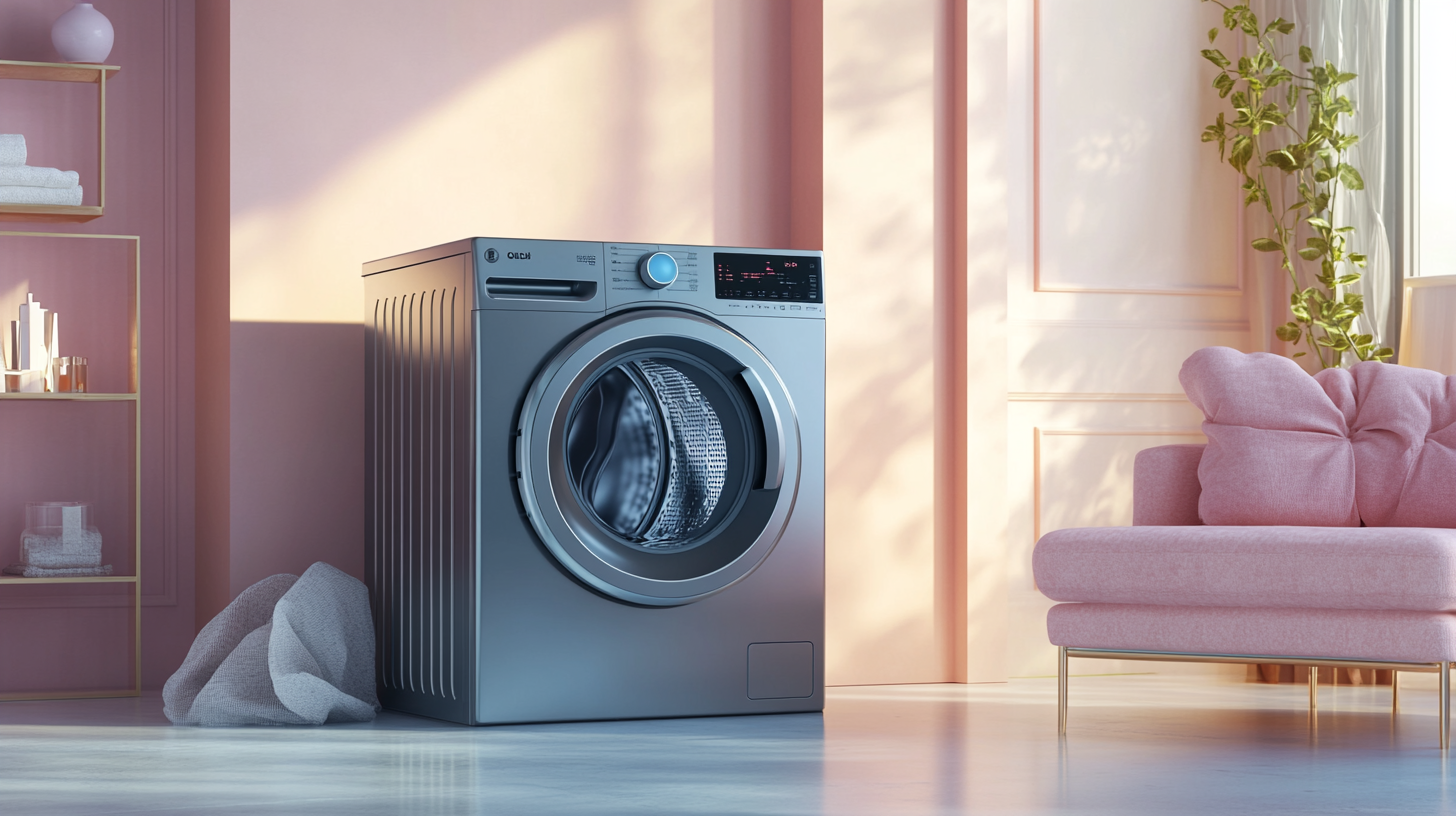 우아한 환경에서 AI 기능을 갖춘 고급 세탁기로 혁신적인 세탁 기술을 강조하며, 세련된 인테리어와 조화를 이루는 모습