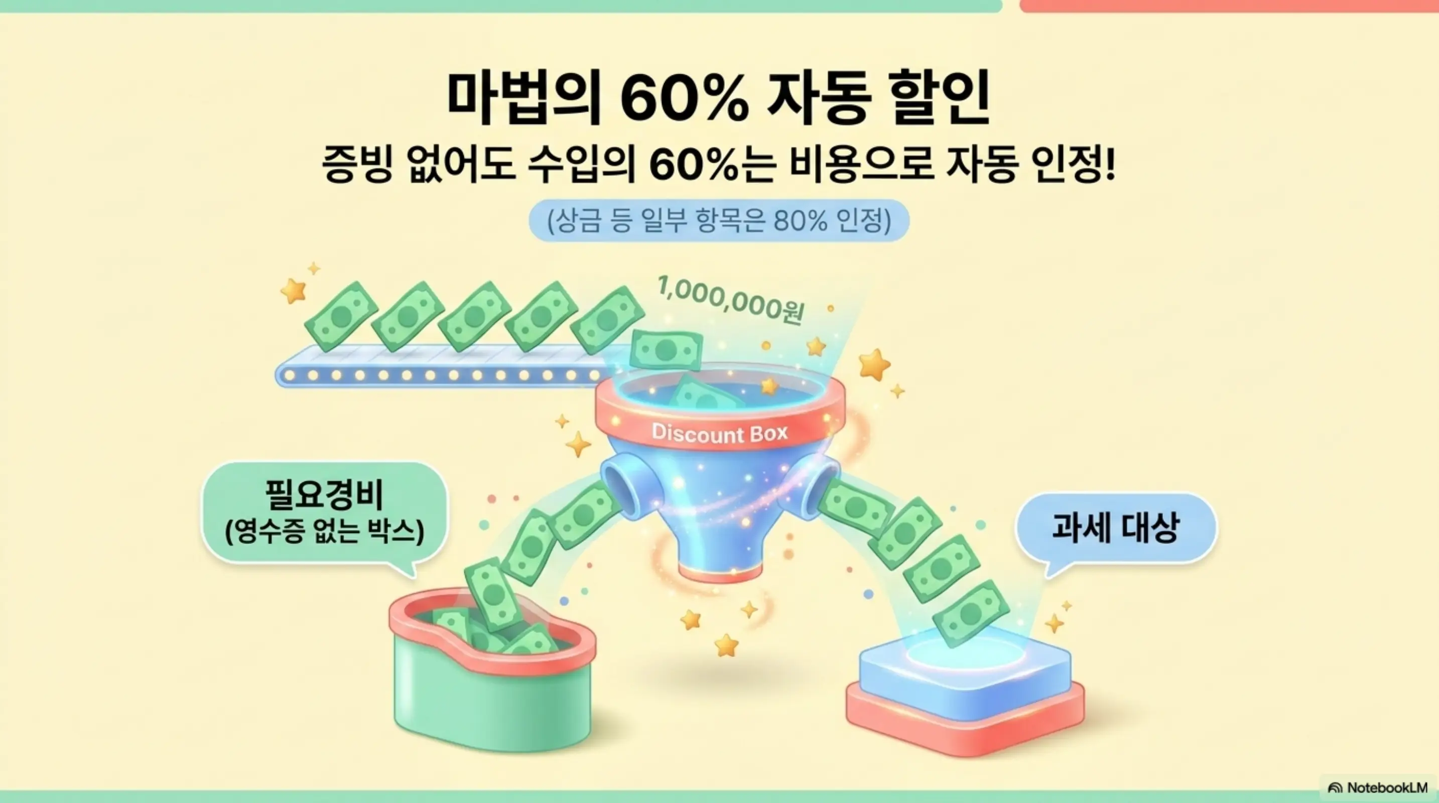 기타소득: 수입금액 100만 원에서 필요경비 60%가 자동으로 빠지고 나머지 40%만 과세 대상이 되는 과정을 깔때기 모양으로 보여주는 인포그래픽 이미지. 이 이미지는 기타소득의 필요경비율 60%가 증빙 없이 자동 인정된다는 핵심 정보를 시각적으로 전달하며&amp;#44; 블로그의 기타소득 세금 계산법과 필요경비율과 관련된 내용을 설명함