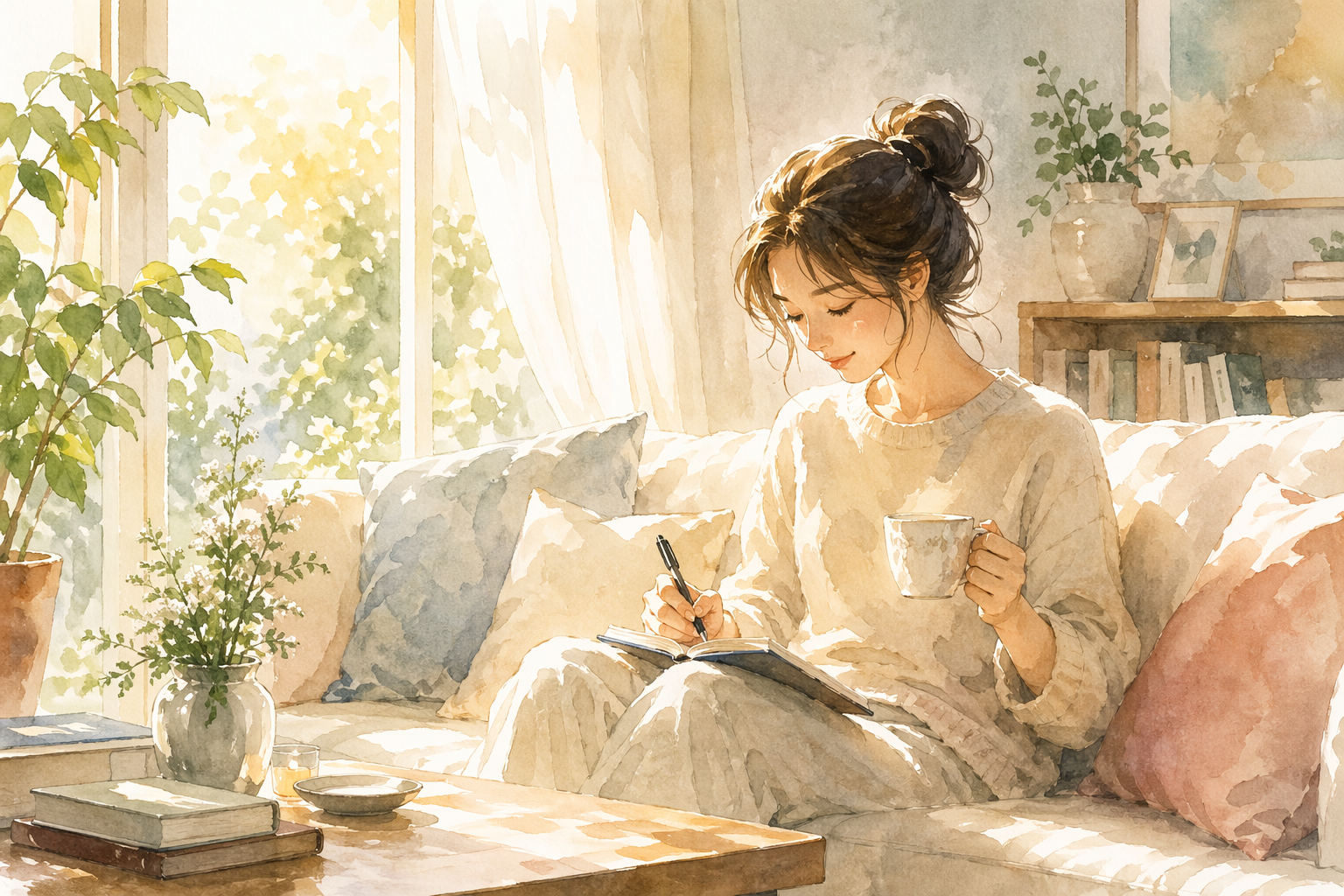 "햇살이 부드럽게 비치는 거실, 여성이 편안한 소파에 앉아 차 한 잔을 마시며 일기장에 무언가를 적어 내려가는 수채화 일러스트. 타인의 시선에서 벗어나 오직 자신의 내면과 대화하며 평온함을 되찾아가는 자존감 회복의 과정을 상징함."