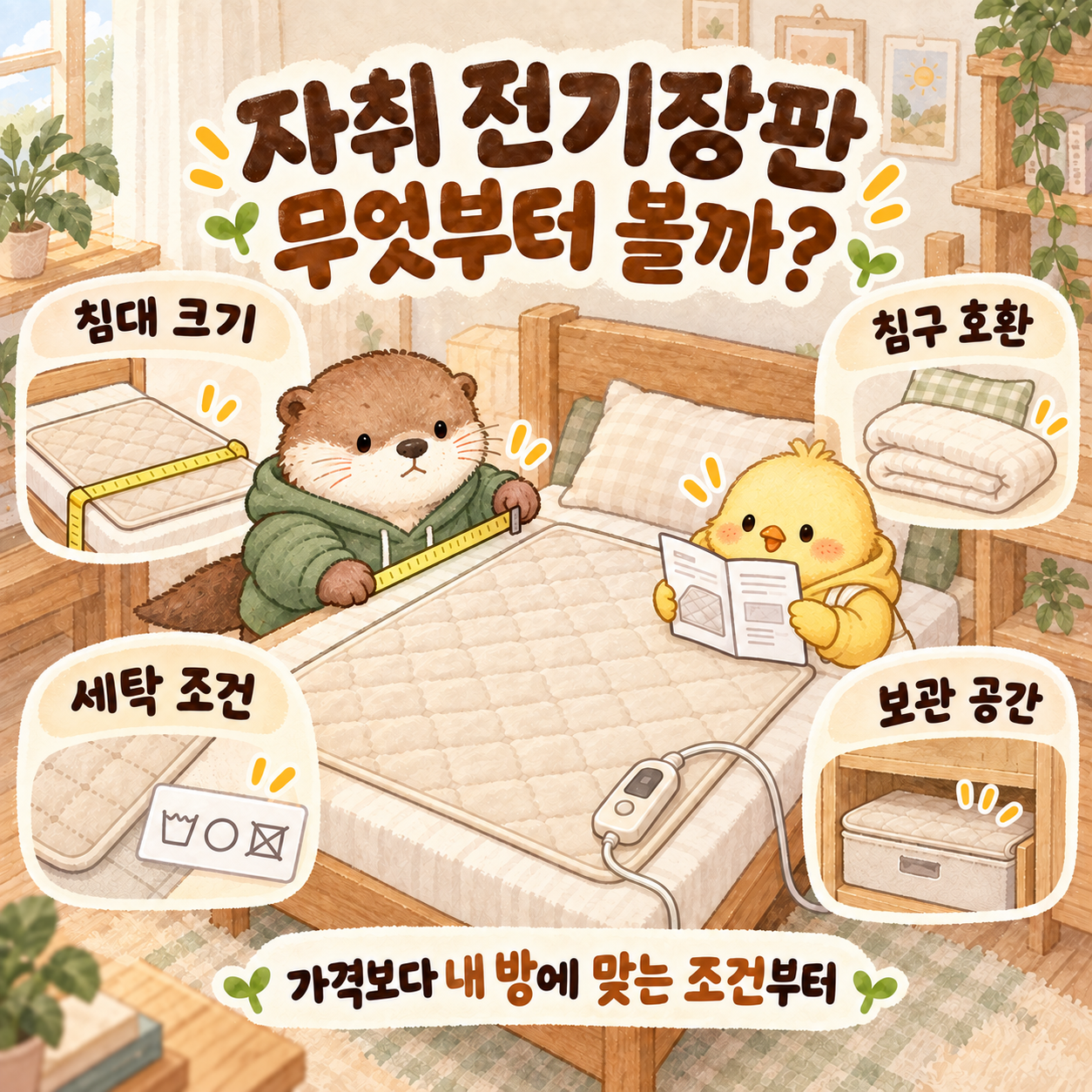 자취 전기장판 구매 전 침대 크기 침구 호환 세탁 조건 보관 공간 확인 가이드 이미지