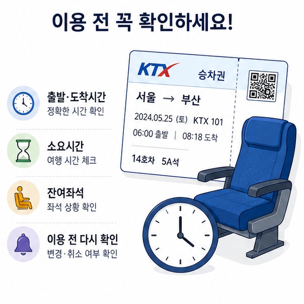 KTX 출발시간과 도착시간, 소요시간, 잔여좌석을 함께 확인해야 함을 안내한 이미지