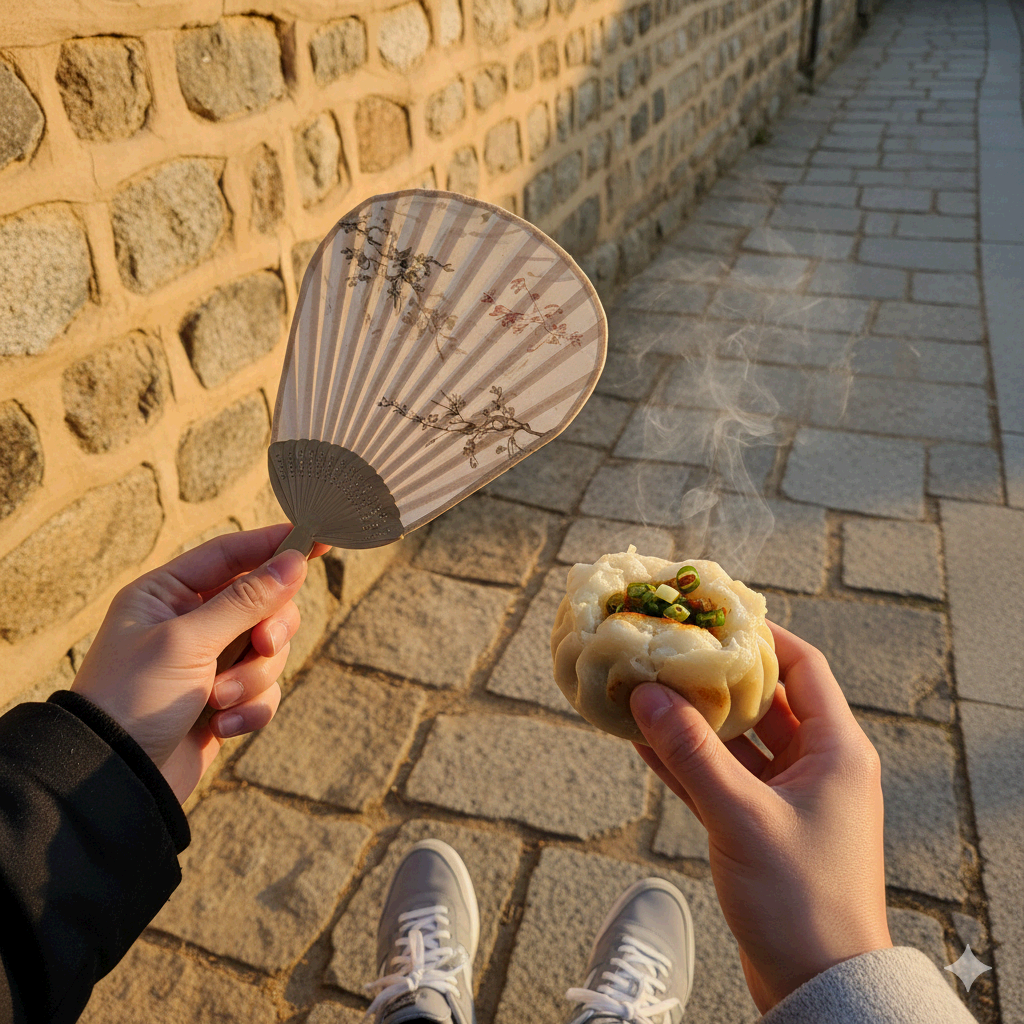 전주 한옥마을에서 축제 체험(한지 부채)과 먹거리를 즐기는 모습