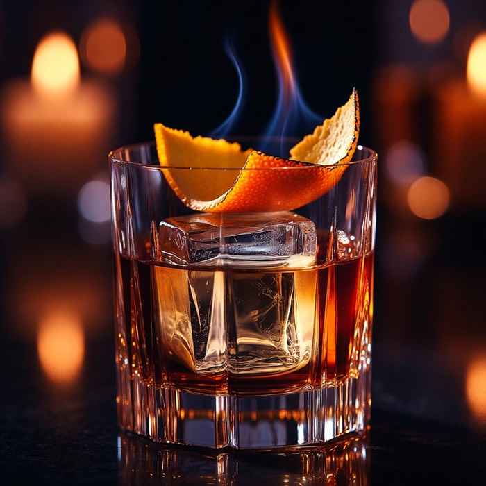 오렌지 필 가니시와 커다란 얼음이 담긴 오악사카 올드 패션드 완성 사진