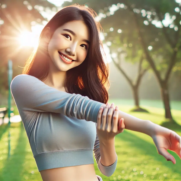공원에서 아침 스트레칭을 하며 미소 짓는 젊은 아시아 여성