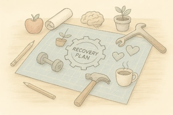 알코올 중독 회복을 위한 체계적인 재발 예방 계획(RPP) 수립을 상징하는 청사진과 다양한 도구들, 따뜻하고 희망적인 분위기, 관련 키워드: 회복계획, 단주전략, 자기설계