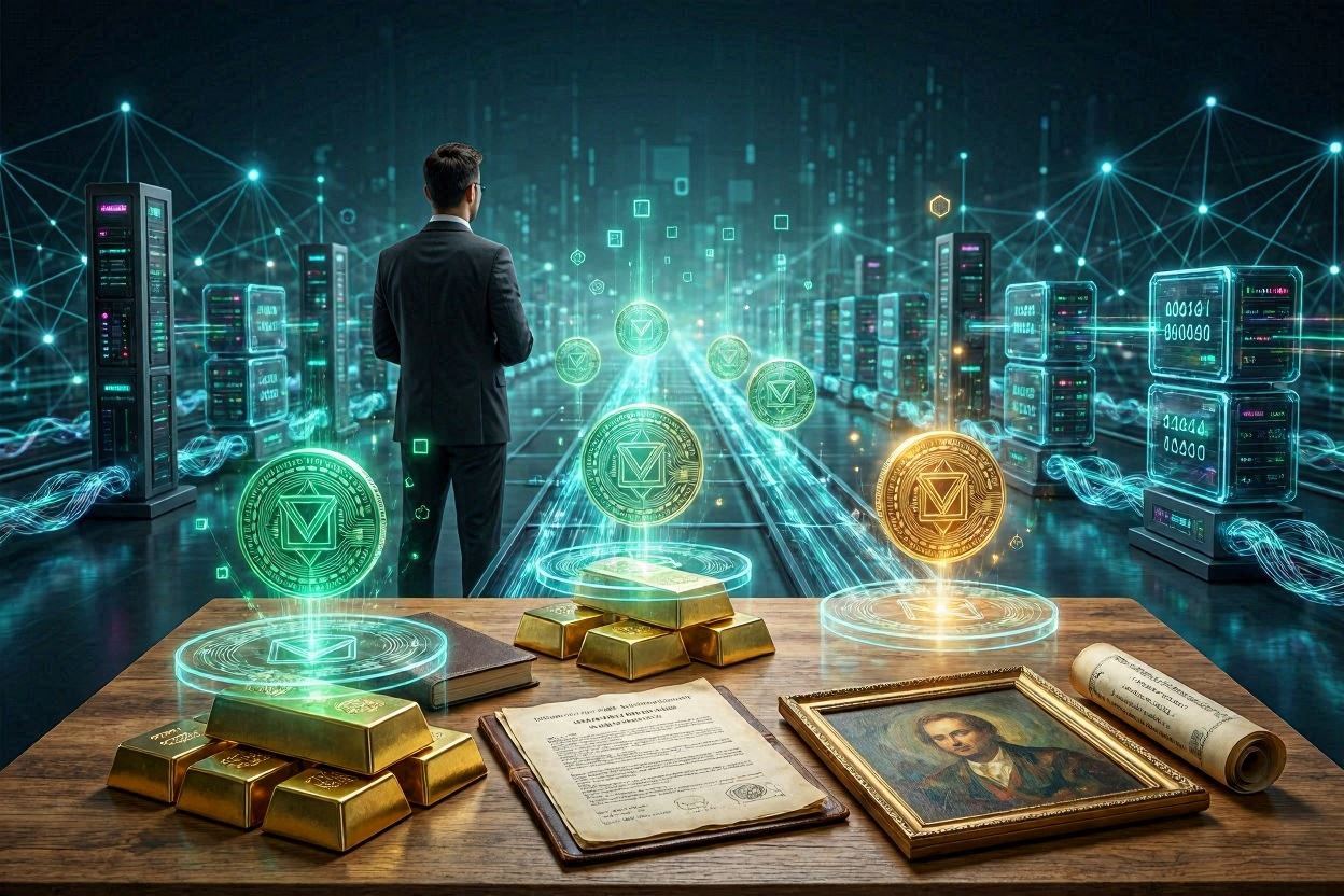 A high-tech visual metaphor showing traditional financial equities transforming into digital tokens on a blockchain network.
