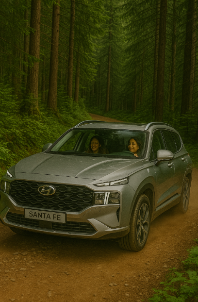 현대 싼타페 HEV 4WD 를 타고 산악여행하는 사진