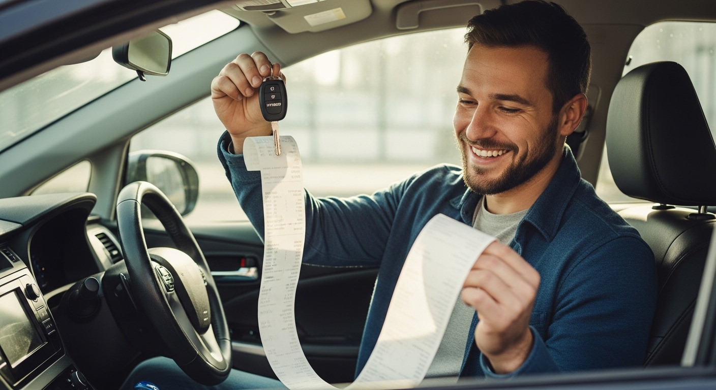 새로 뽑은 하이브리드 차량 키를 들고 주유소 영수증을 보며 만족스럽게 웃는 운전자