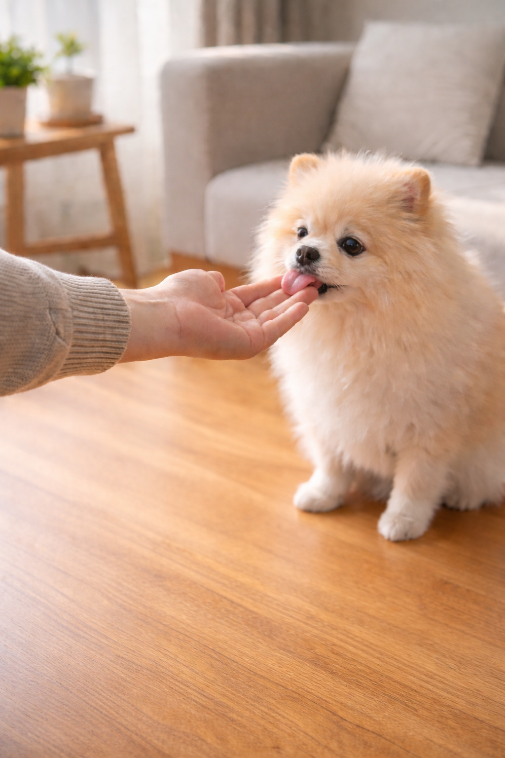 강아지가 사람 손을 핥는 모습