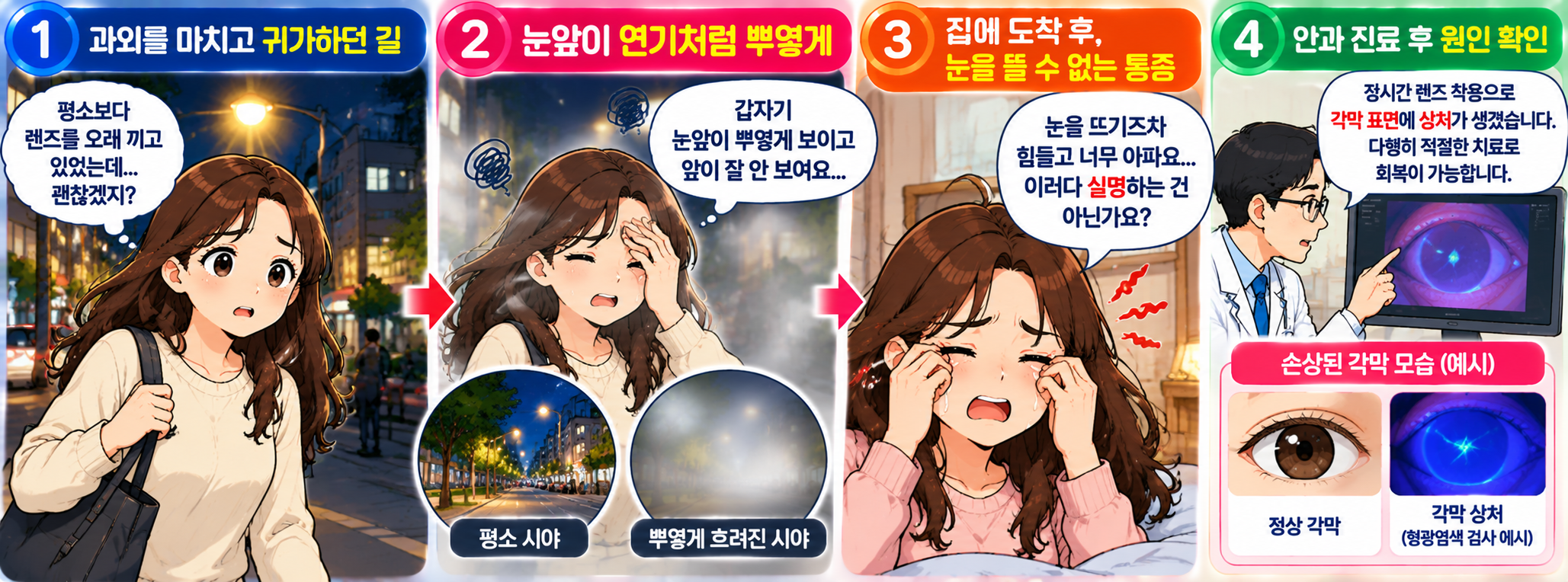 콘택트렌즈 장시간 착용으로 시야가 흐려지고 눈 통증을 겪는 모습