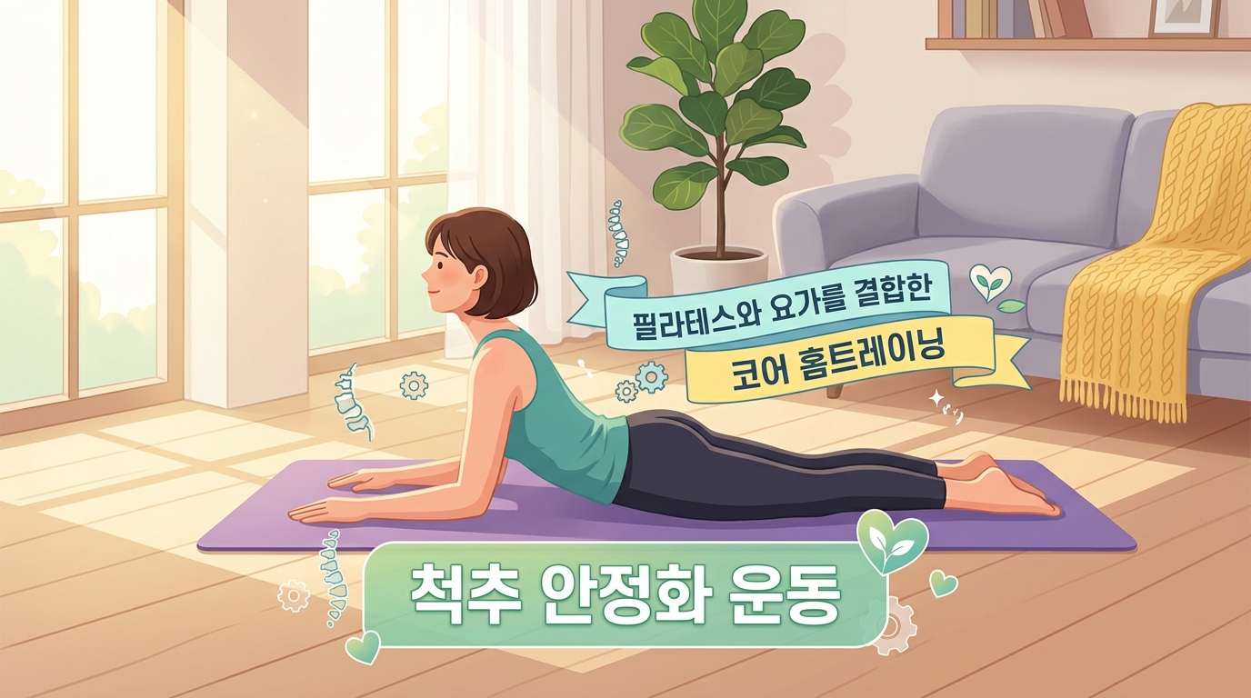 햇살이 비치는 아늑한 거실에서 요가 매트 위에 엎드려 필라테스와 요가가 결합된 캣카우 스트레칭을 부드럽게 수행하고 있는 모습. '척추 안정화 운동', '필라테스와 요가를 결합한 코어 홈트레이닝'이라는 문구가 적혀 있어, 융합 코어 운동의 중요성을 시각화함.