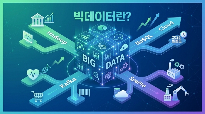 빅데이터의 개념, 기술 스택(Hadoop, Spark, Kafka, NoSQL, Cloud), 산업별 활용 사례 및 2026년 미래 트렌드를 시각적으로 연결하여 보여주는 현대적인 인포그래픽 썸네일 이미지.