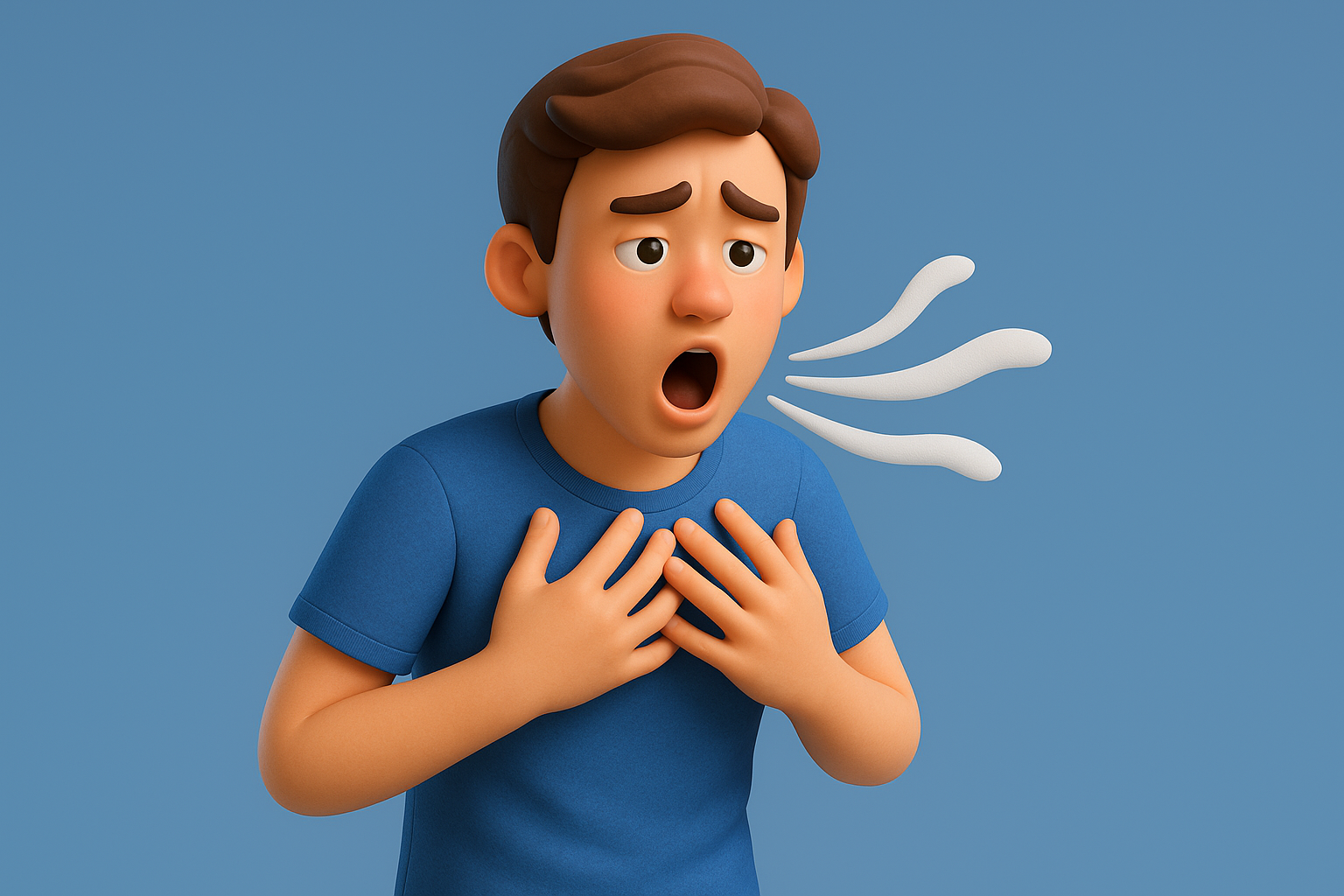 과호흡으로 가슴을 움켜쥐며 숨쉬기 힘들어하는 남성 3D 일러스트