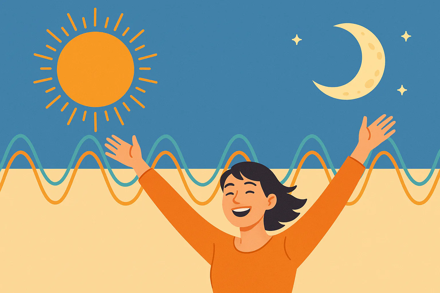 달과 태양이 조화를 이루는 인포그래픽, 규칙적인 파동 그래프처럼 일정한 리듬이 흐르는 시각적 표현, 활기차게 아침을 맞는 사람