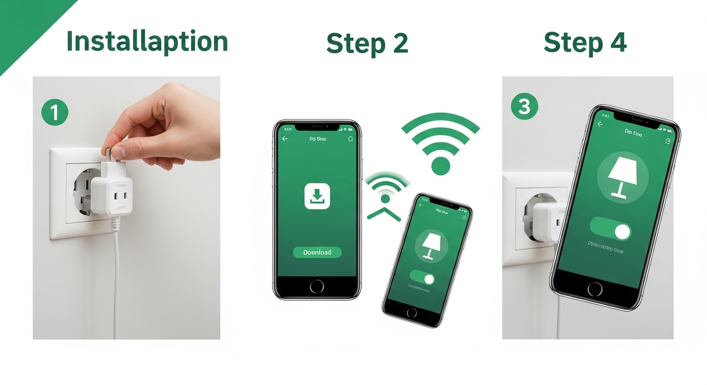 스마트 플러그 설치 4단계 과정: 콘센트 연결, 앱 설치, 와이파이 연결, 앱으로 제어