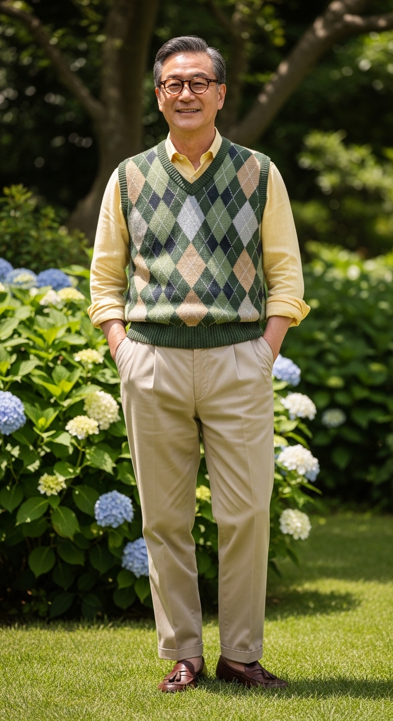 빈티지한 니트 베스트와 뿔테 안경을 매치한 세련된 그랜파코어 룩 이미지