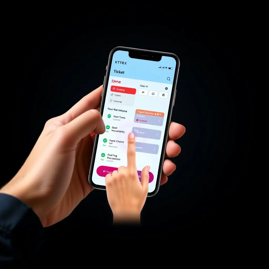 KTX 또는 SRT 모바일 앱 화면이 선명하게 보이는 스마트폰을 두 손으로 잡고 예매 절차를 진행하는 모습. 화면 확대 기능이나 손가락 터치 제스처를 시각적으로 추가하여 앱 사용의 편리함을 나타낼 수 있습니다. 밝고 현대적인 느낌으로 정보통신기술(ICT) 활용을 강조합니다.