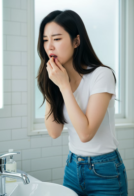 가글을 하고 있는 여성 모습