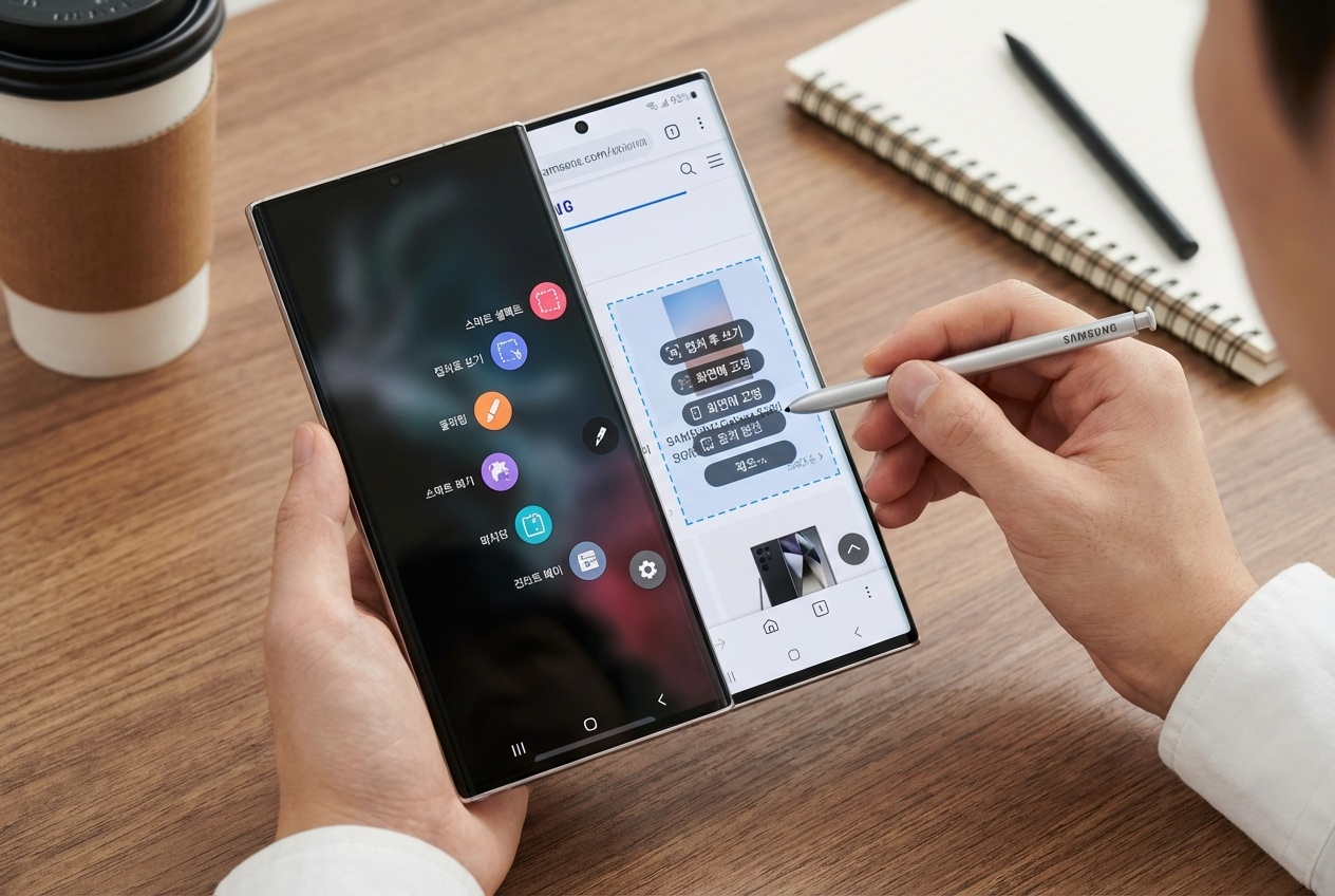 기존 S펜의 에어 액션과 스마트 셀렉트 등 블루투스 기반 사용 예시 이미지