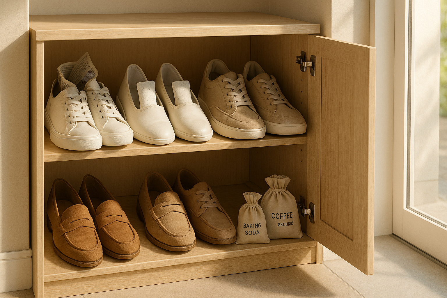 신발장 내부에 제습제, 베이킹소다, 커피 찌꺼기 등을 활용해 습기와 곰팡이 냄새를 효과적으로 제거하는 모습을 담은 일러스트.