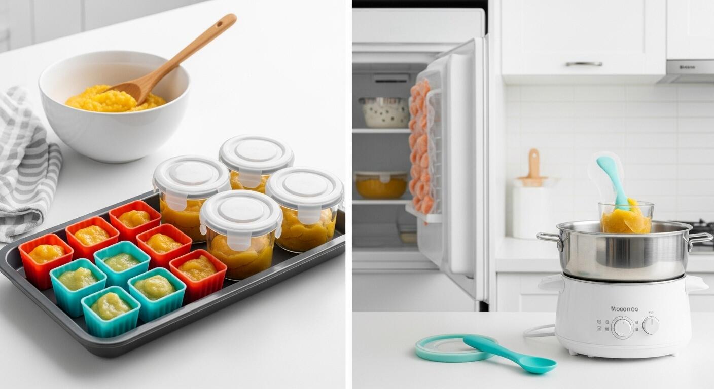 화이트 톤의 깨끗한 주방에서 초기 이유식을 소분한 실리콘 큐브와 뚜껑이 있는 유리 보관 용기들이 냉동실 트레이 위에 가지런히 정리되어 있고, 한편에는 냉장 해동 중인 이유식 그릇이 놓인 모습. 옆에는 중탕용 냄비와 실리콘 스푼이 놓여 있어 안전한 이유식 해동 과정을 시각적으로 보여주는 깔끔하고 전문적인 이미지