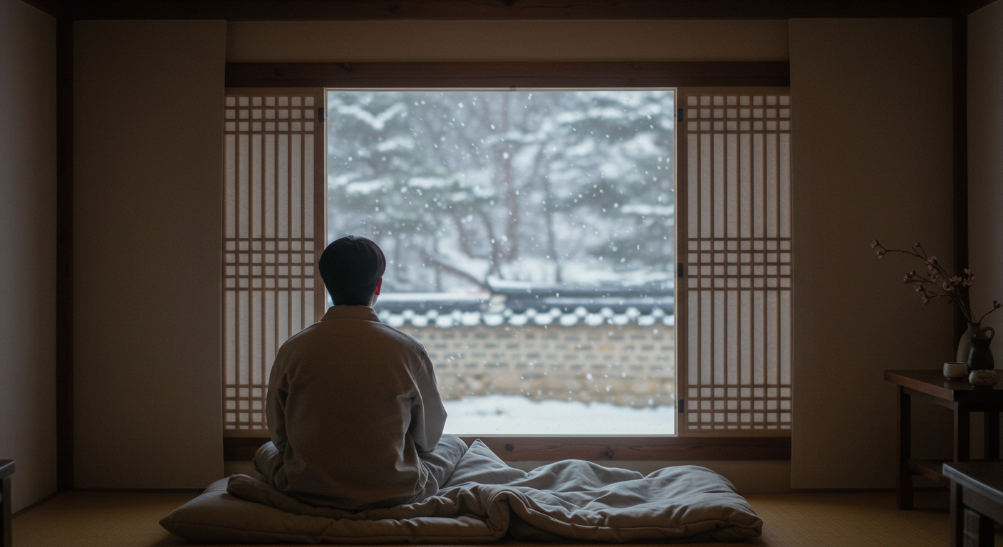 한옥 객실 창문 밖으로 눈 덮인 풍경을 바라보는 한국인.