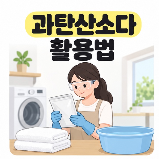 과탄산소다 활용법이라는 제목 아래 장갑과 눈 보호구를 착용한 성인이 수건과 열린 대야 옆에서 제품 포장을 읽는 모습