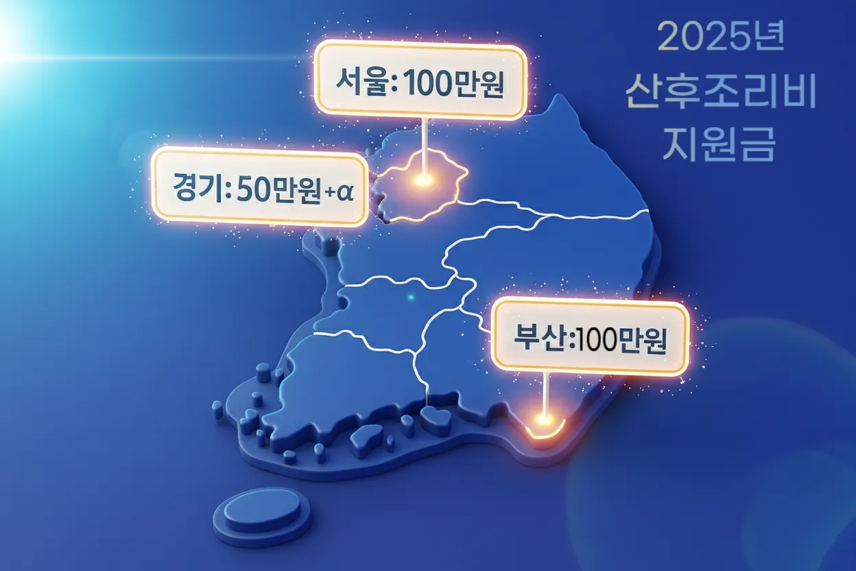 대한민국 지도 위에 서울, 경기, 부산 등 주요 지역별 산후조리비 지원 금액을 표시한 이미지