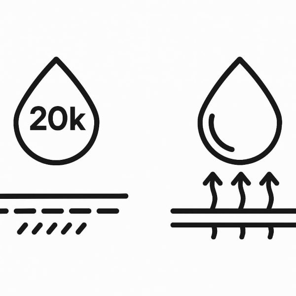 방수 성능과 통기성을 나타내는 간결한 직물 기능 아이콘 2종