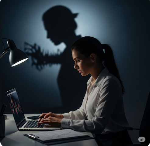 하락장에서 인버스 ETF에 투자하는 사람의 모습, 그러나 뒤로는 불안한 그림자가 드리워져 있는 이미지