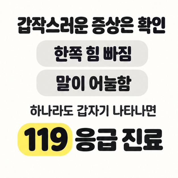 한쪽 힘 빠짐이나 말이 어눌함 중 하나라도 갑자기 나타나면 119 응급 진료를 받으라고 안내한 카드