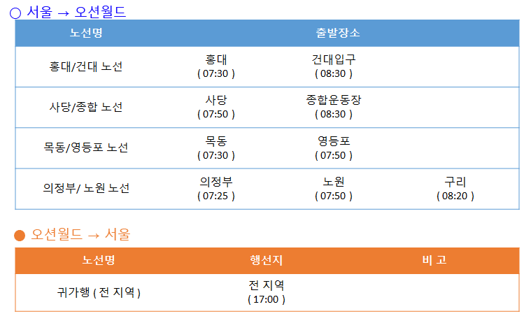 오션월드 셔틀버스 노선, 가격, 예약방법