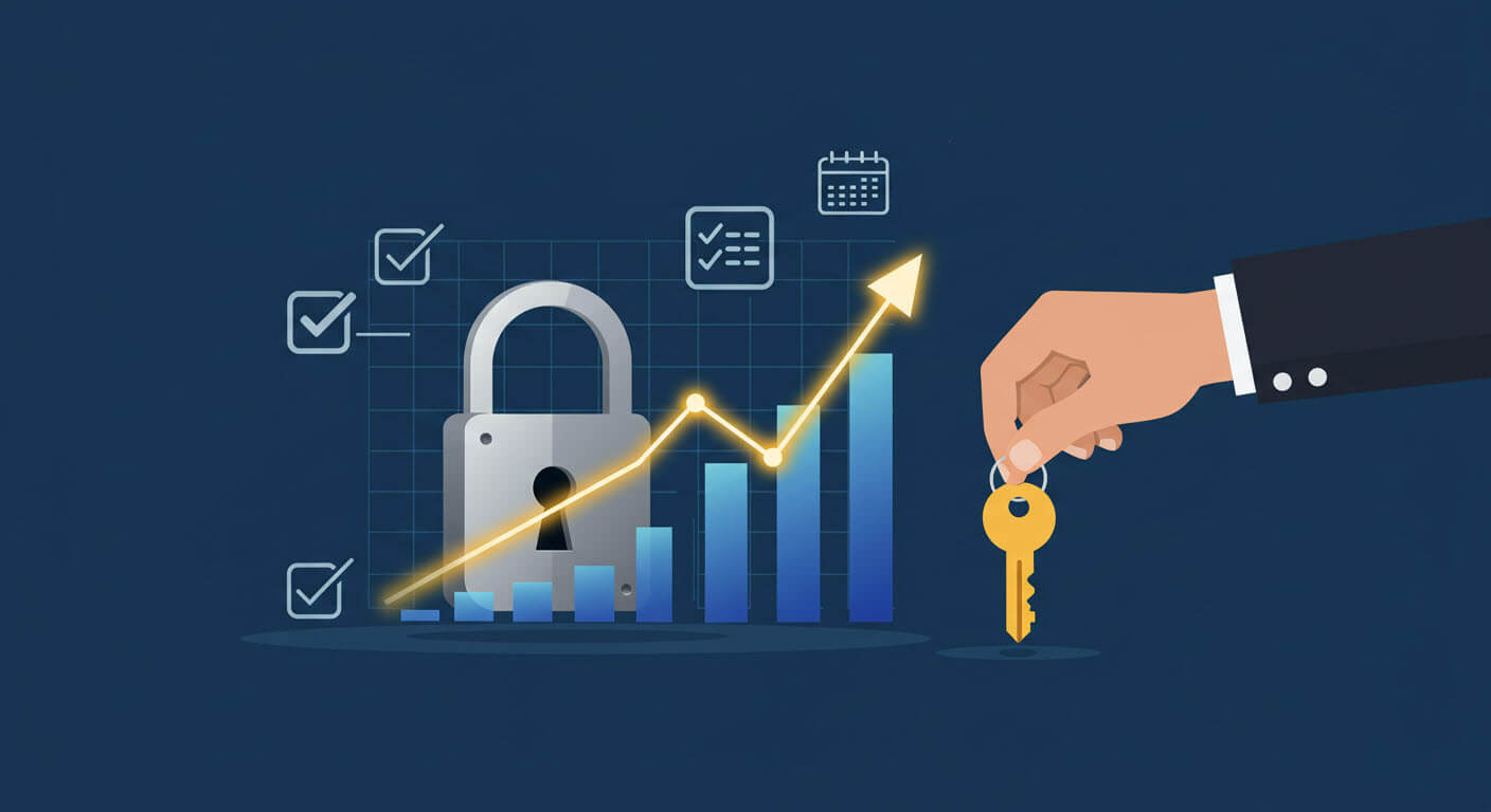 자물쇠가 있고 사람이 키를 들고 있고 그앞에 그래프가 계단식 상승을 나태내고 있는 삽화