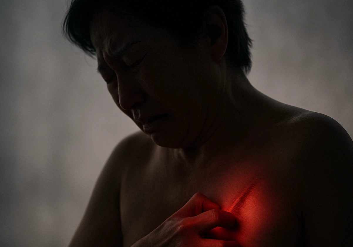 수술부위 가려움으로 고통받는 중년 여성