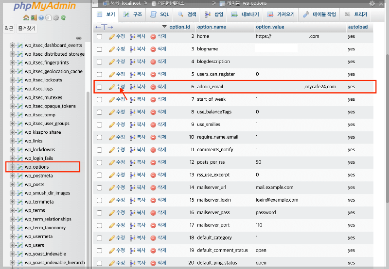 워드프레스 관리자 이메일 주소 변경(카페24 호스팅) 4