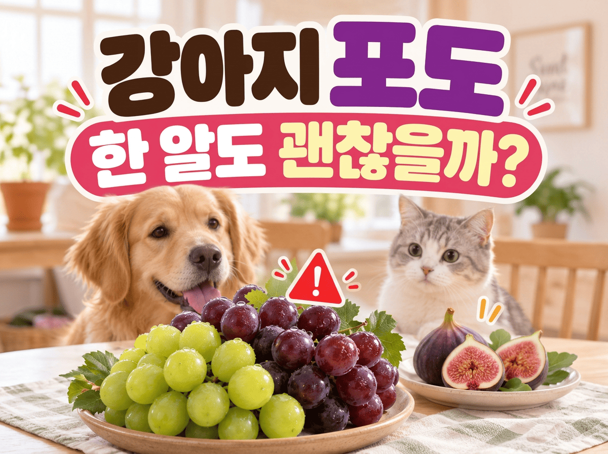 강아지와 고양이 앞의 포도와 무화과를 금지와 주의 표시로 구분한 반려동물 음식 안전 이미지