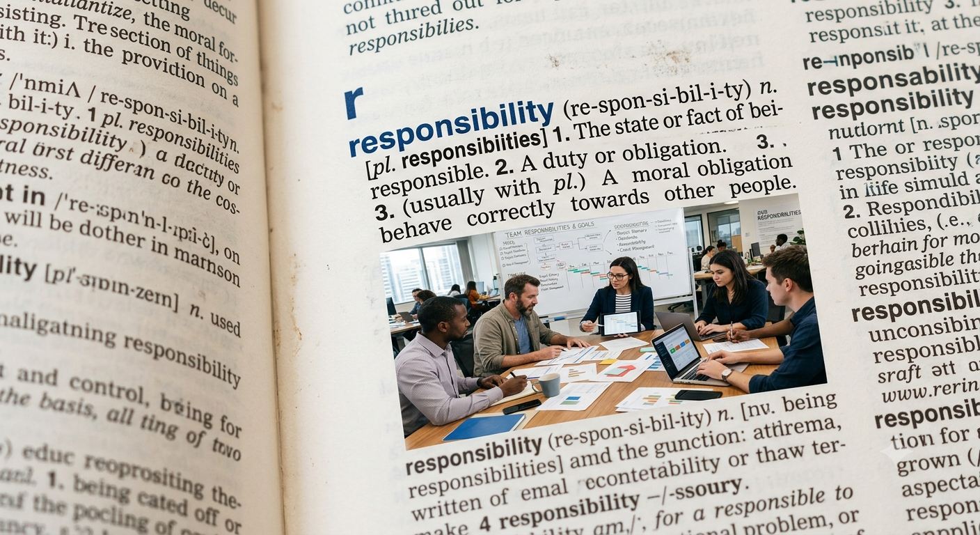 responsibility의 사전적 의미가 적힌 영어 사전 페이지