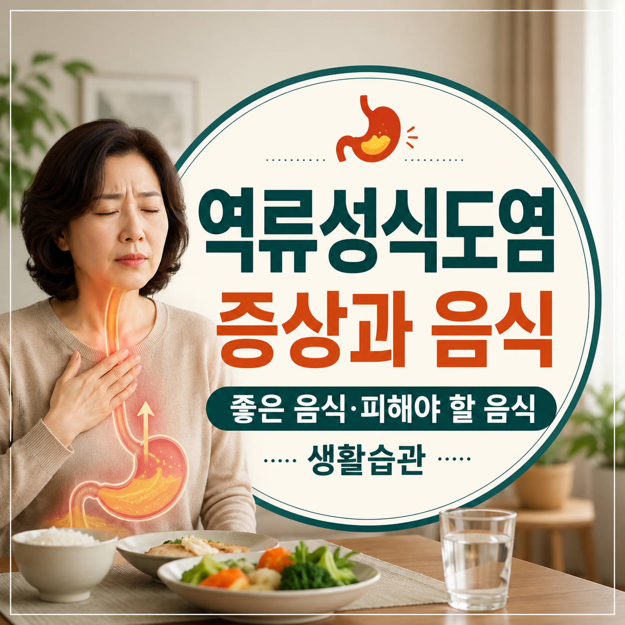 역류성식도염 증상과 음식 정보를 보여주는 중년 여성과 위산 역류 이미지