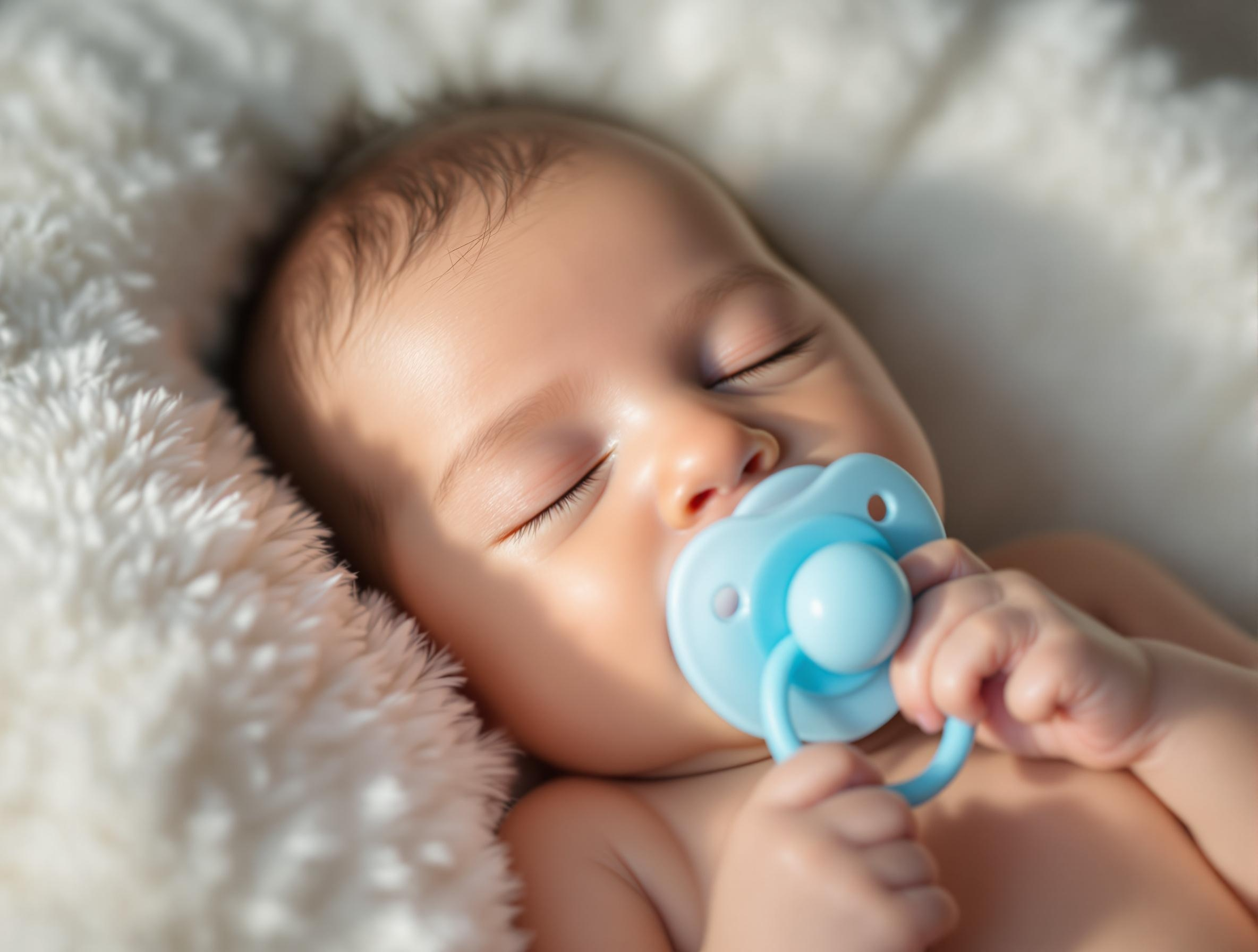 쪽쪽이를 물고 있는 신생아 모습