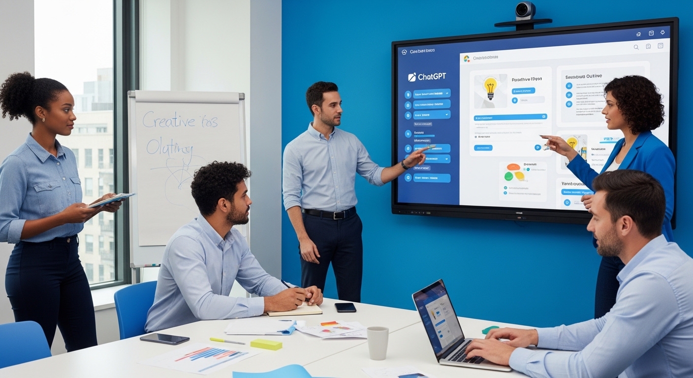 직장인들이 챗GPT를 이용해 창의적인 아이디어를 브레인스토밍하고 효율적으로 소통하는 회의 모습.