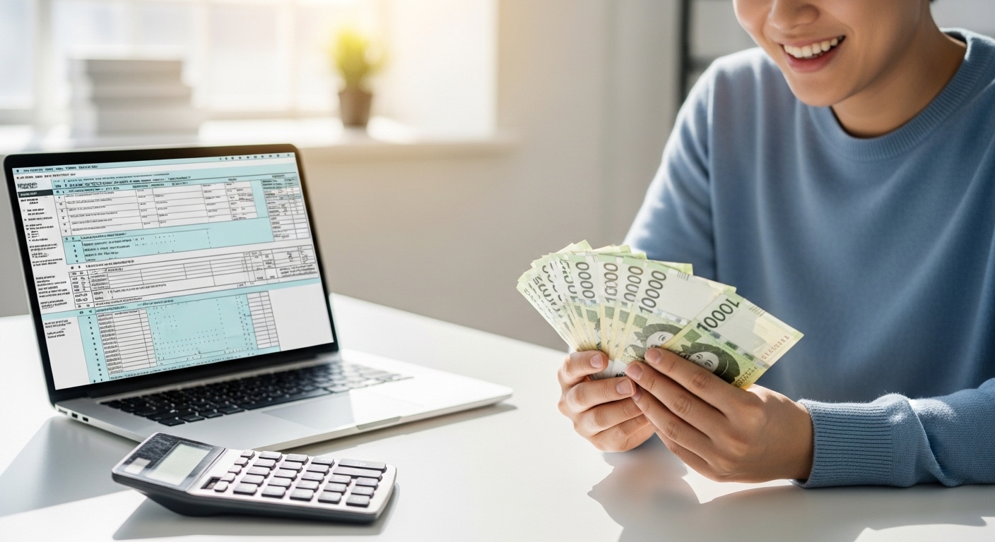 웃으며 한국 원화 지폐를 세는 사람, 계산기와 세금 양식 노트북이 보이는 배경. 2026년 연말정산 환급금 50만원을 더 받는 기쁨을 상징합니다.