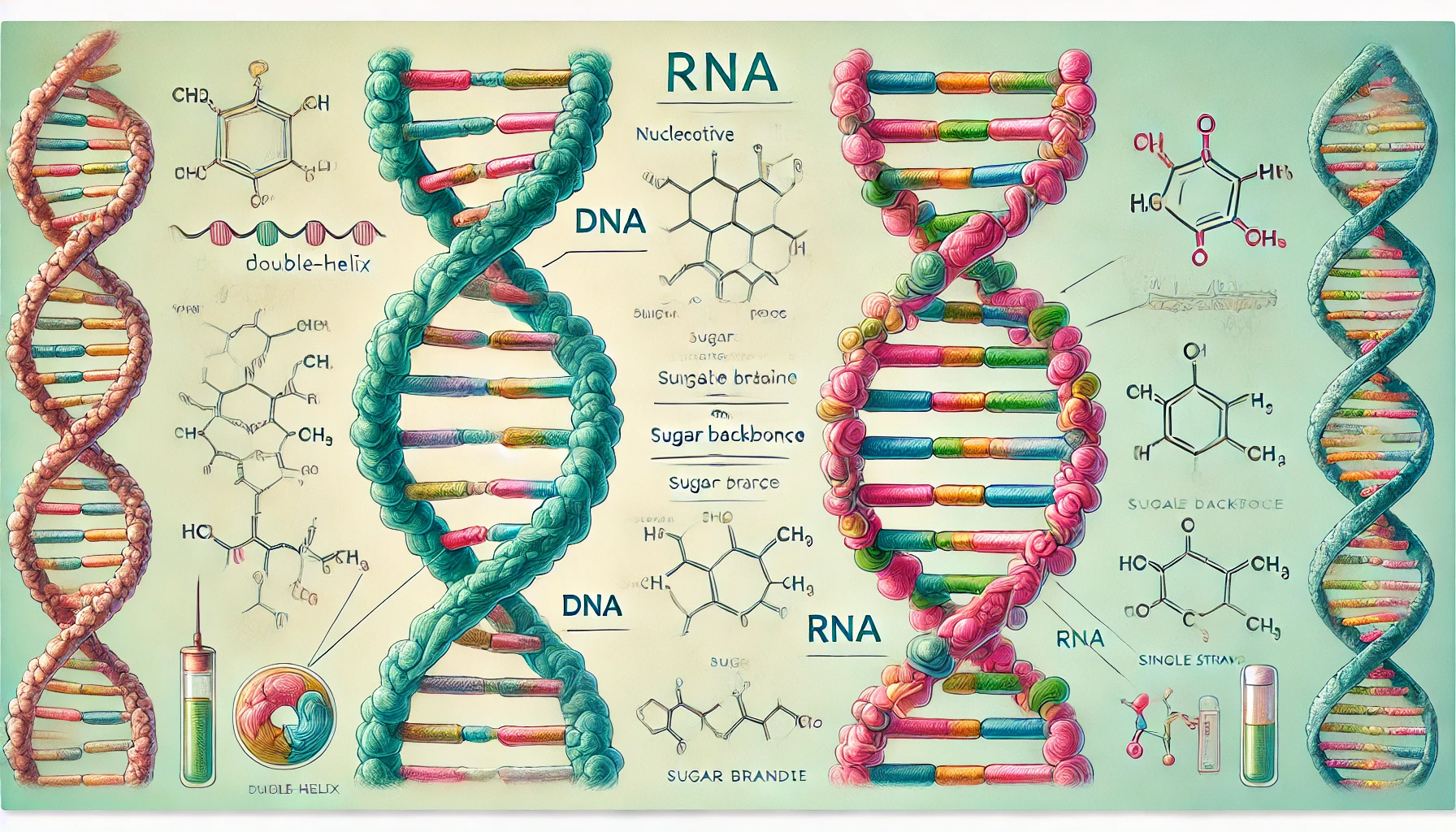 DNA 이중 나선 구조와 RNA 단일 가닥 구조를 비교한 과학적 일러스트레이션