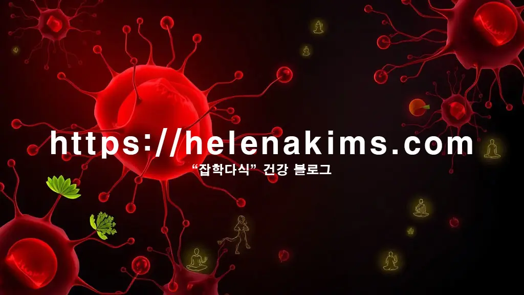 어둡고 신비로운 배경에 인체의 세포 구조를 연상시키는 추상적인 그래픽 붉고 희미하게 퍼져나가는 '만성 염증'을 상징하는 유기적인 형태, 신선한 녹색 채소, 활기차게 운동하는 사람 실루엣, 평화로운 명상 자세의 아이콘들의 이미지.