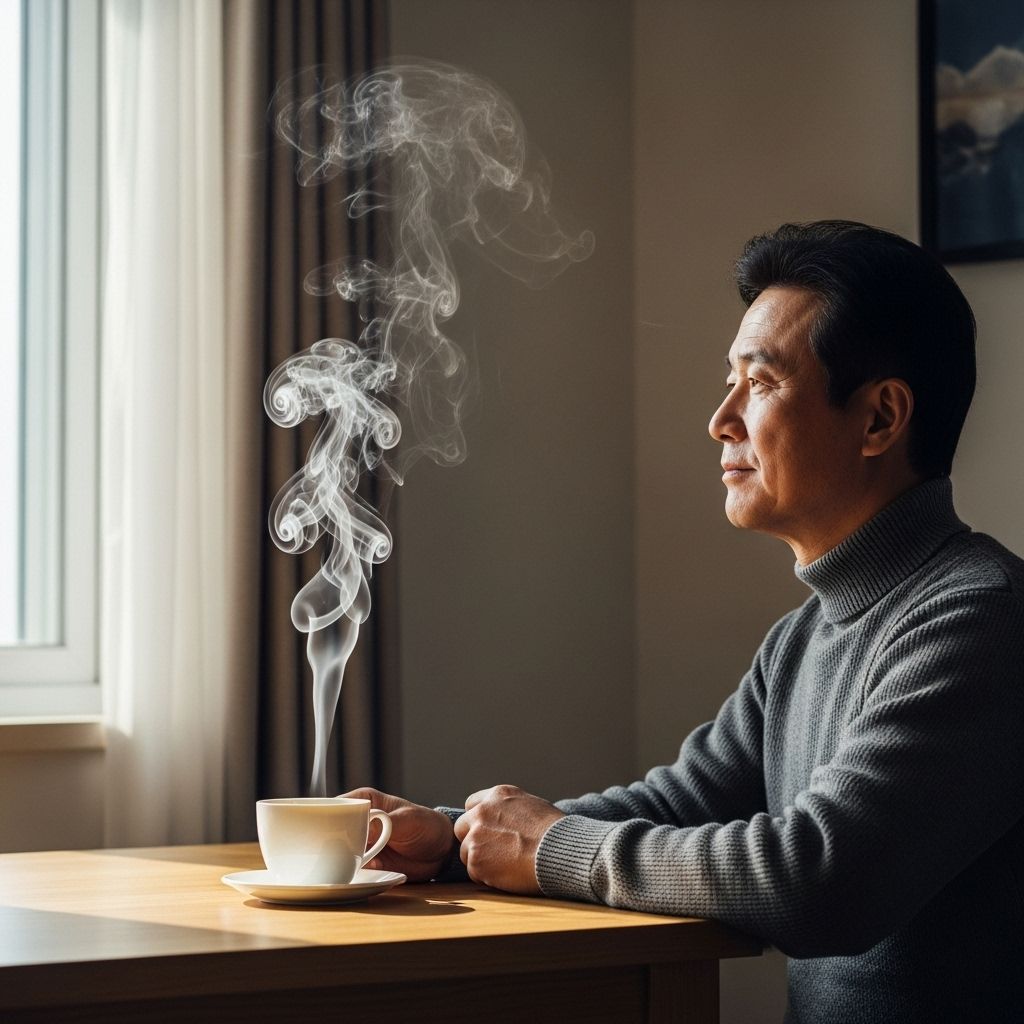 심야약국4, 따뜻한 차를 마시고 있는 남성