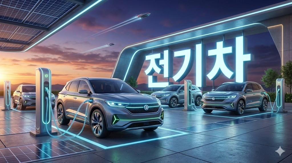 미래 지향적인 전기차 전용 충전 인프라와 고성능 전기 SUV의 외관 이미지입니다.