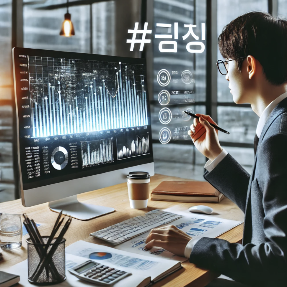 회계사가 컴퓨터로 상세한 재무 차트를 분석하는 모습.