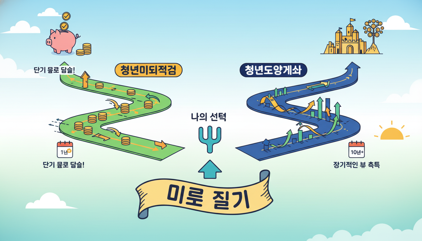 단기 목표와 장기 목표를 상징하는 두 갈래 길에서 금융 상품을 고민하는 청년의 모습.