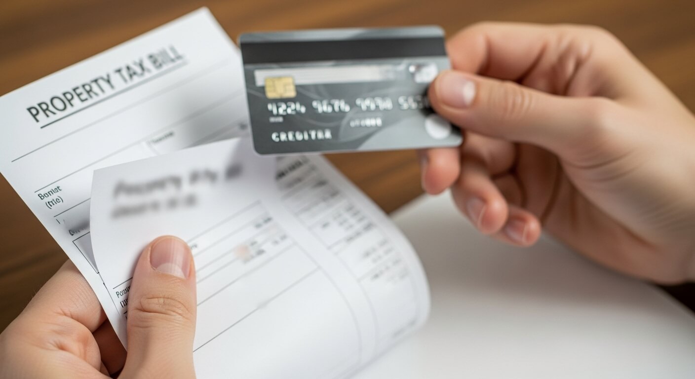 세금 고지서와 신용카드를 들고 있는 손의 근접 촬영