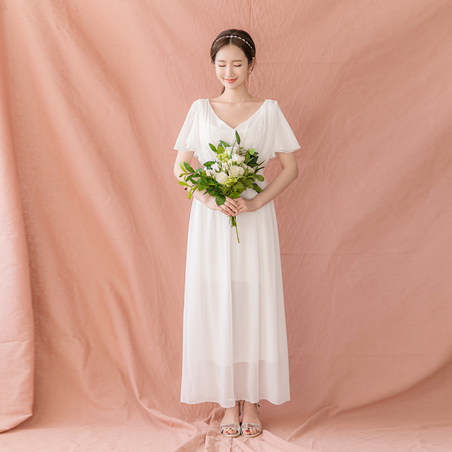 셀프웨딩 드레스 로지 브라이덜샤워 브이넥 빅사이즈 만삭촬영 돌잔치 롱 원피스 77사이즈